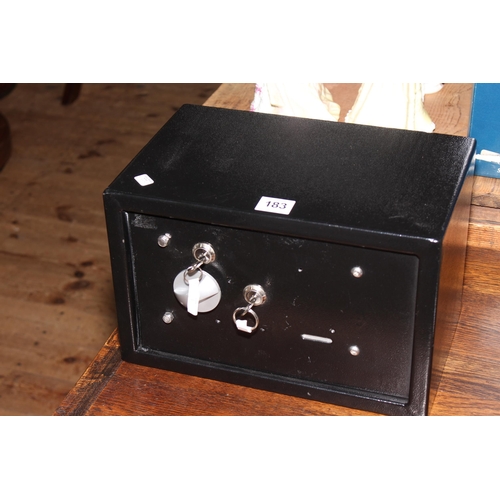 183 - Metal safe with key, 31cm by 20cm.