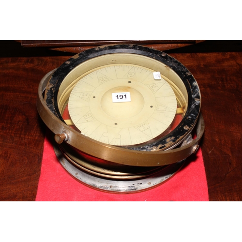 191 - Brass Naval ships compass, 31cm diameter.