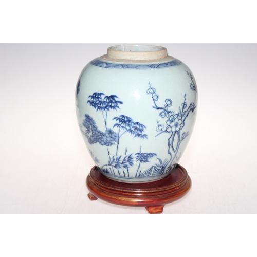 214 - Antique Chinese blue and white ovoid ginger jar Three friends of winter on wood stand, total height ... 