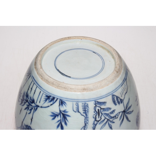 214 - Antique Chinese blue and white ovoid ginger jar Three friends of winter on wood stand, total height ... 