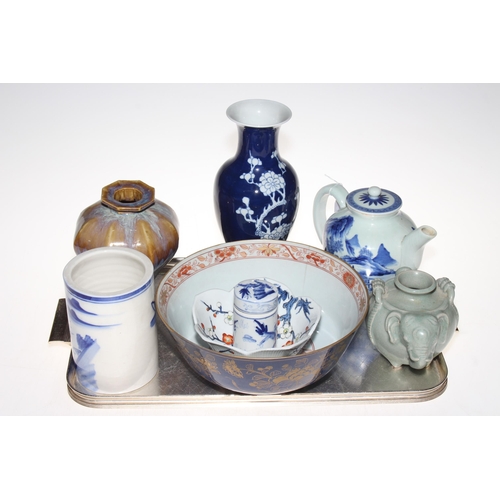 24 - Collection of Chinese pottery including teapot, bowls, vase, brush washer, etc.