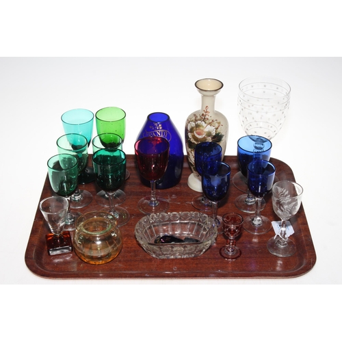 25 - Large Edwardian glass goblet, quantity of coloured wine glasses, Victorian glass vase, etc.