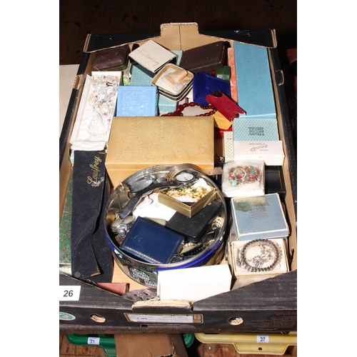 26 - Box of costume jewellery, wrist and pocket watches, etc.