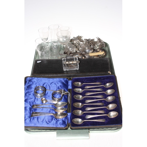 3 - Assorted silver spoons and two napkin rings, various glasses, silver plated cutlery and napkin holde... 