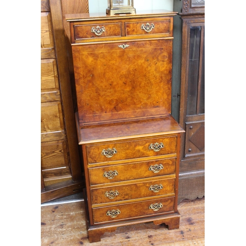 570 - Burr walnut secretaire having two small drawers above a fall front enclosing well fitted interior wi... 