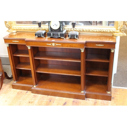 573 - Rosewood and brass mounted open breakfront bookcase, 79cm by 138cm by 31cm.