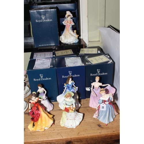 64 - Six Royal Doulton lady figurines, including Jessica, Belle, Rebecca, Jane, Rachel and Lauren.