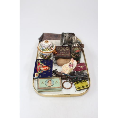 1 - Tray lot with collectables including Lucas cycle lamp, OXO and other tins, etc.