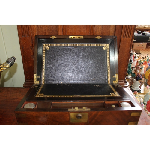 137 - Victorian brass bound mahogany portable writing box with fitted interior, 45cm wide.