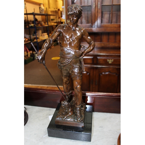 147 - Good male bronze figure entitled BELLUAIRE and signed E. Marioton, 49cm high, with plinth base. Note... 