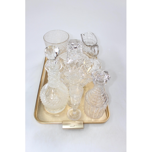 22 - Large crystal basket, antique glass decanters, jug, etched vase and goblets.