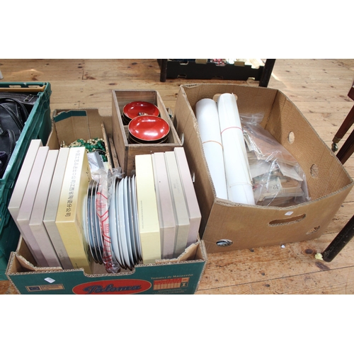 26 - Two boxes with Oriental collectors plates, jewellery, ephemera, etc.