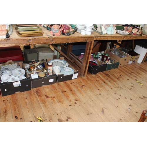 45 - Seven boxes of porcelain, glass, binoculars, Oriental wares, plant stand including Wedgwood Barlasto... 