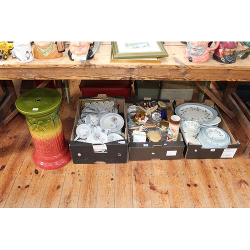 45 - Seven boxes of porcelain, glass, binoculars, Oriental wares, plant stand including Wedgwood Barlasto... 