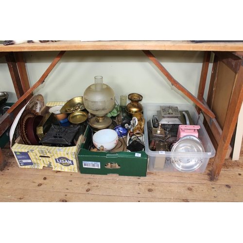 52 - Collection of vintage porcelain, glass, oil lamp, prints, table lamps, radio, clock, etc.