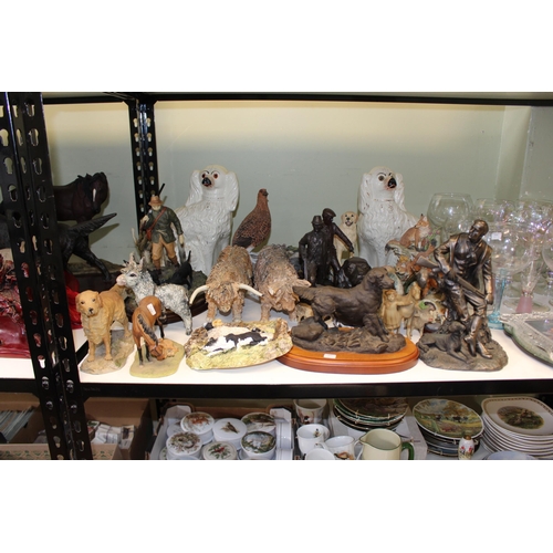 55 - Pair Staffordshire dogs, Country Artists Alert to the Scent, other shooting subject sculptures, boxe... 