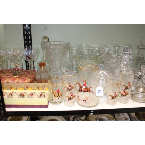 56 - Large collection of glassware including Waterford decanter, photograph frame and clock, also hunting... 