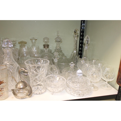 56 - Large collection of glassware including Waterford decanter, photograph frame and clock, also hunting... 