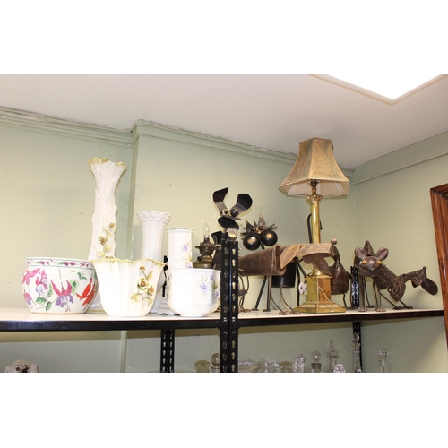 57 - Collection of metal humorous animal models, brass table lamps and jardinieres.