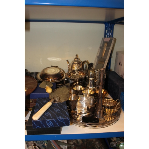 75 - Collection of metalwares including brass coal scuttle, inlaid boxes, silver plated wares, cutlery, g... 