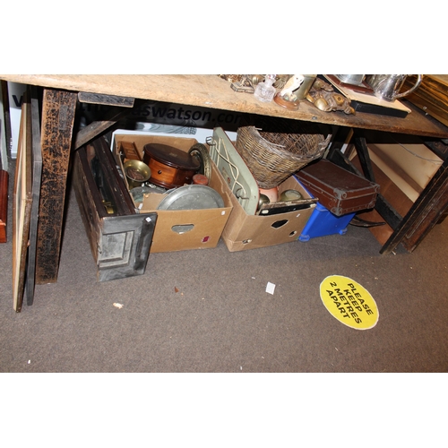 87 - Three boxes of metalwares, tins, wall clock, wicker basket, etc.