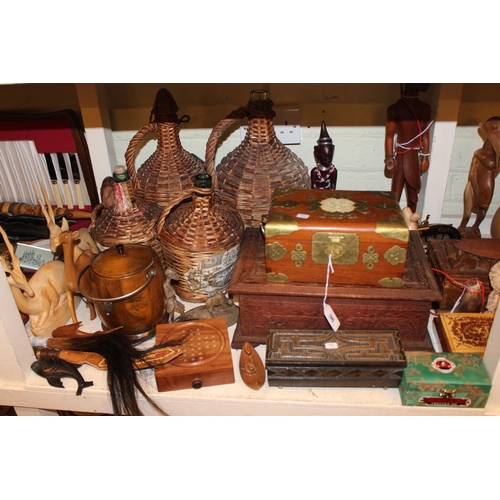 96 - Collection of African tribal sculptures, inlaid and carved boxes, metal wares, paperweights, vintage... 