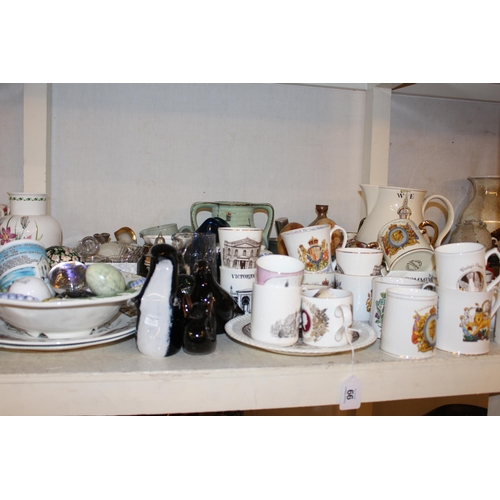 99 - Collection of commemorative mugs, Ringtons, Spode, Wedgwood Sarah's Garden, glass, pair table lamps,... 