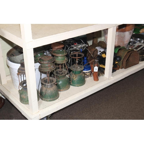 107 - Large stoneware crock, four cast metal hoppers and pipes, tilly lamps, binoculars, computer equipmen... 