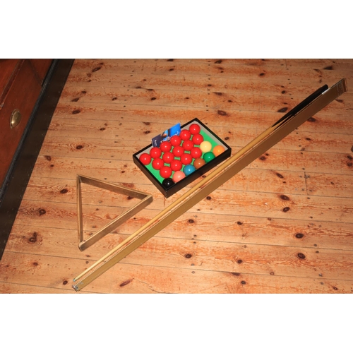 135 - Snooker cue, triangle and super crystalate snooker balls.