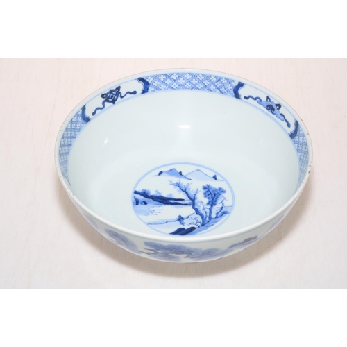 163 - Chinese blue and white bowl decorated with figures and verse with six character mark to base, 23cm d... 