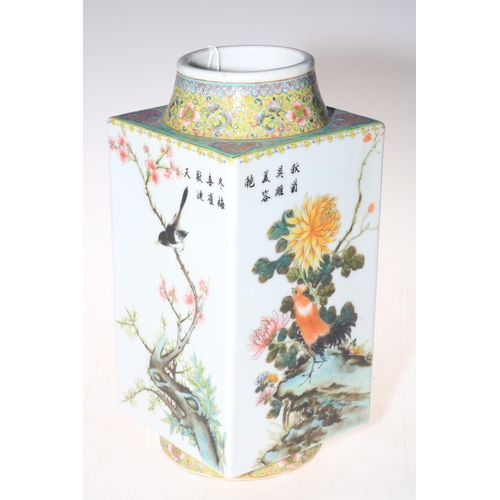 164 - Chinese Republic square vase/lamp base with Famille Rose and exotic bird decoration, 27cm high.