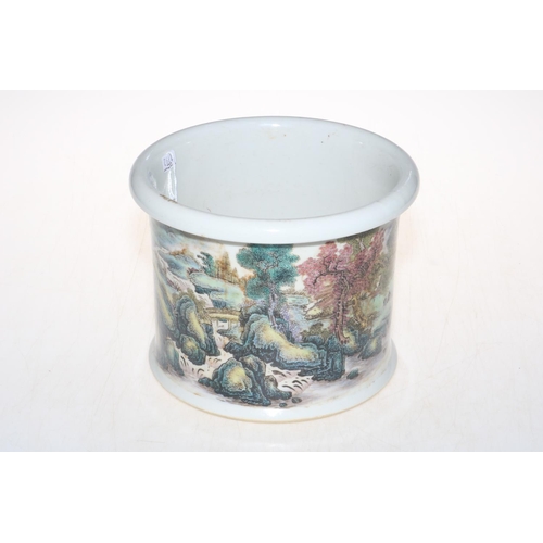 183 - Large late 19th Century Chinese brush pot decorated with lake and mountain scene with signature, 17c... 