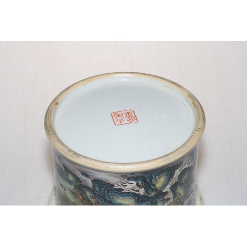 183 - Large late 19th Century Chinese brush pot decorated with lake and mountain scene with signature, 17c... 