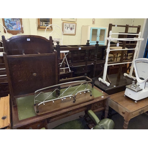 339 - Victorian five bar towel stand, folding airer, two stick stands and wall coat rack (5).