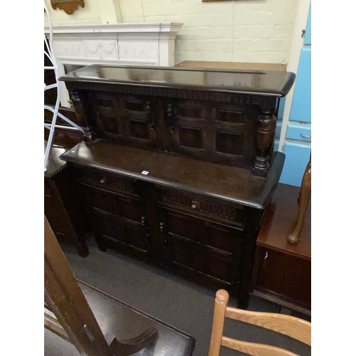 340 - Oak buffet sideboard, gate leg dining table and two drawer side table (3).