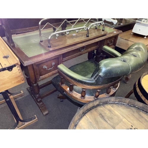 341 - Old Charm three drawer writing table, Captains style green leather swivel desk chair and early 20th ... 