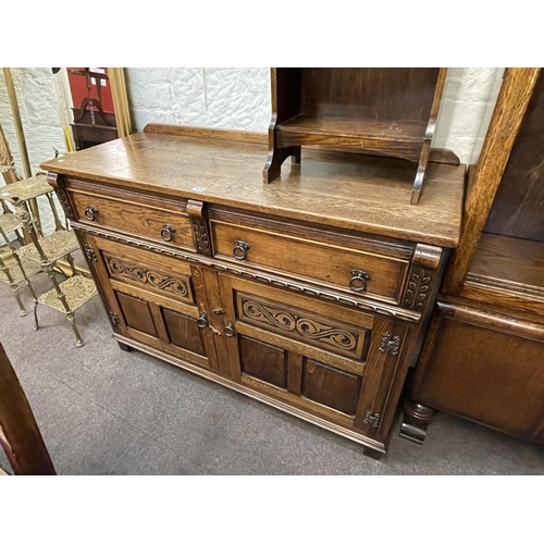 349 - Oak glazed door cabinet bookcase, slim oak open bookcase and carved oak two door sideboard (3).