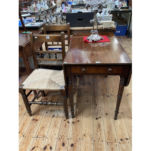 369 - 19th Century mahogany Pembroke table and pair rush seated country dining chairs.