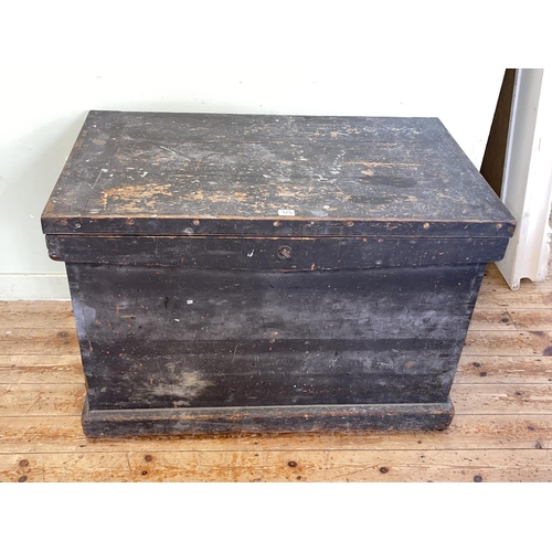 375 - Large painted pine trunk/tool box, 63cm by 91cm by 57cm.