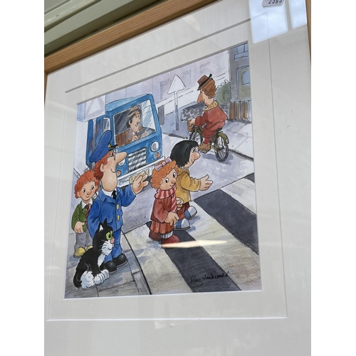 117 - Original signed art work by Ray Mutimer for Postman Pat, including three framed watercolours 'Skatin... 