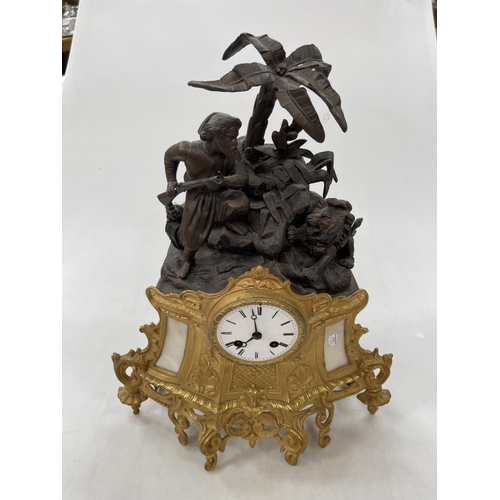 147 - Ornate gilt metal and spelter huntsman mantel clock, 48cm high.