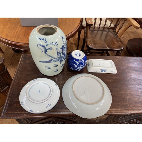 159 - Five pieces of Chinese pottery including large vase with figure decoration, octagonal blue and white... 