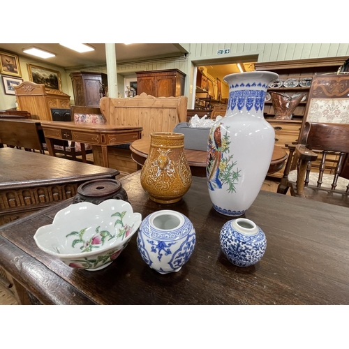 161 - Four various Chinese vases, Chinese bowl and wooden stand.