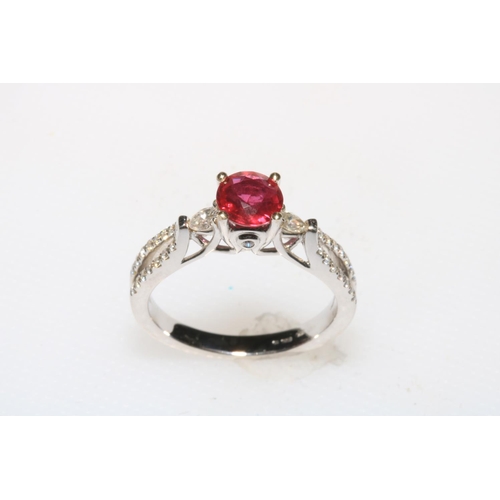 178 - 18 carat white gold, oval ruby and diamond ring, ruby 0.86 carat, total diamond weight 0.24 carat, s... 