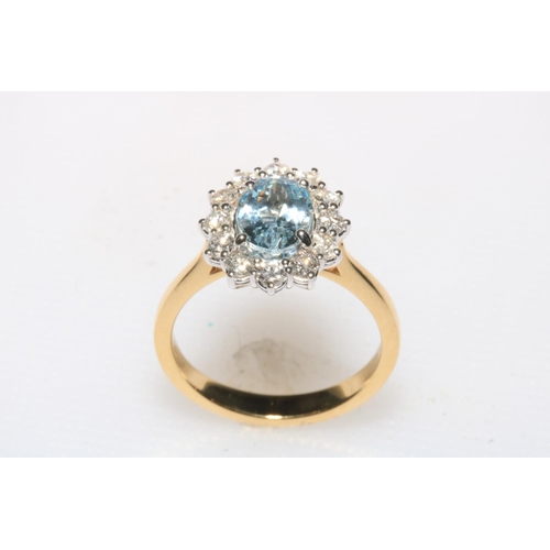 196 - Aquamarine and diamond cluster ring set in 18 carat yellow gold, aquamarine 1.25 carats, diamond 0.3... 