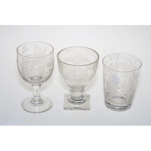 241 - Three large 19th Century engraved glasses comprising beaker engraved with miner and two goblets, lar... 