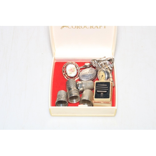 248 - Collection of small silver including Charles Horner thimbles, bracelet watch and ring.