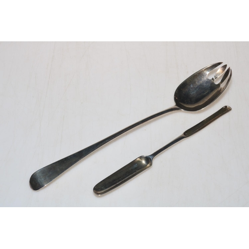 258 - George III silver marrow scoop, London 1761, and Eley & Fearn silver salad fork, London 1805 (2).