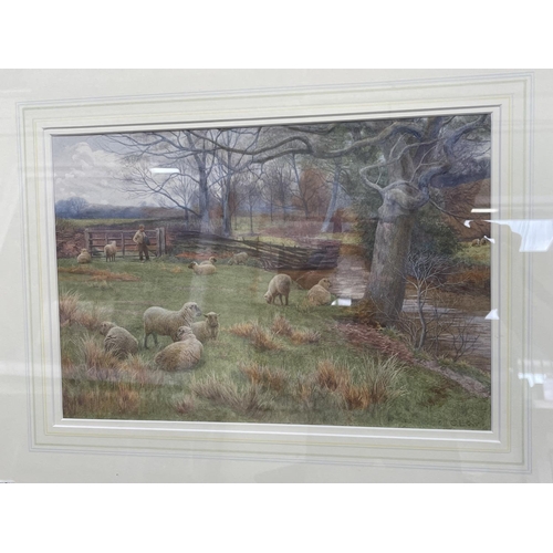 306 - Charles Low (c1860-c1920), Shepherd & Sheep by a River, watercolour, signed lower right, 25cm by 37c... 