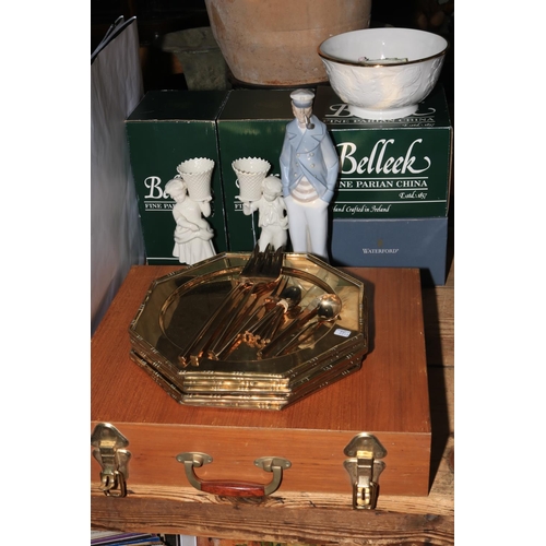 42 - Three boxed Belleek pieces, boxed Waterford bowl, collection of gilt cased cutlery, plates, etc.